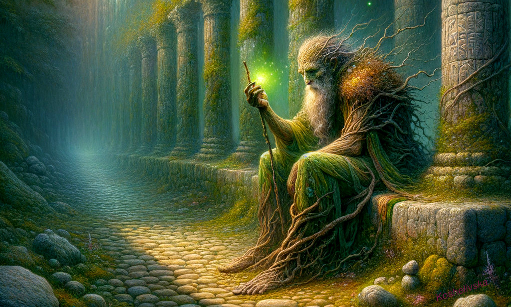 Ancient tree figure in a mystical, illuminated grove