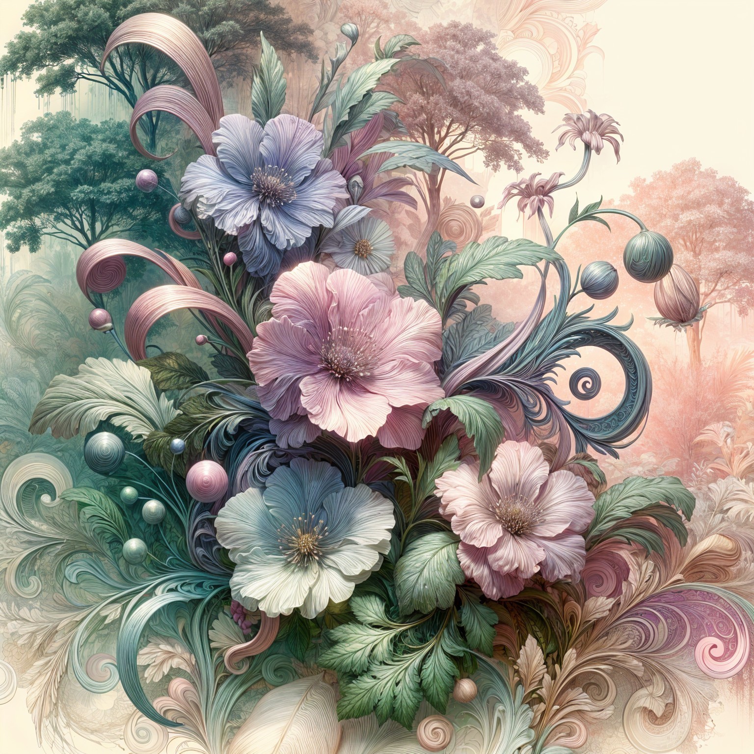 Intricate Floral Arrangement in Pink and Blue Shades