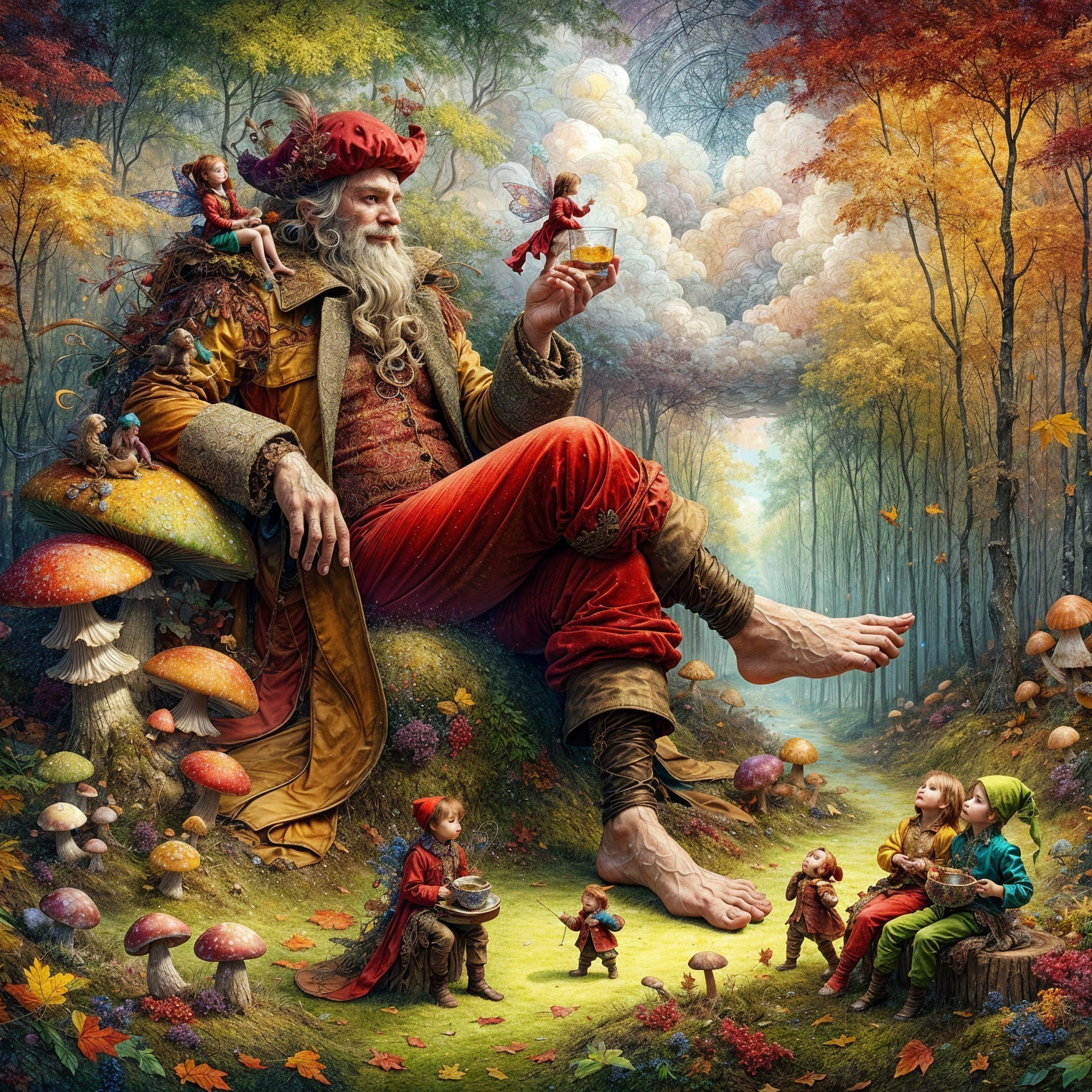 Whimsical Giant in Enchanted Forest with Fairies
