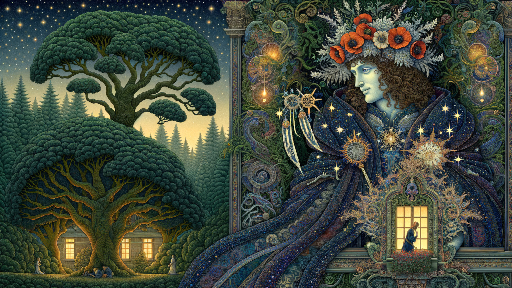 Mystical Landscape with Lush Trees and Serene Figure