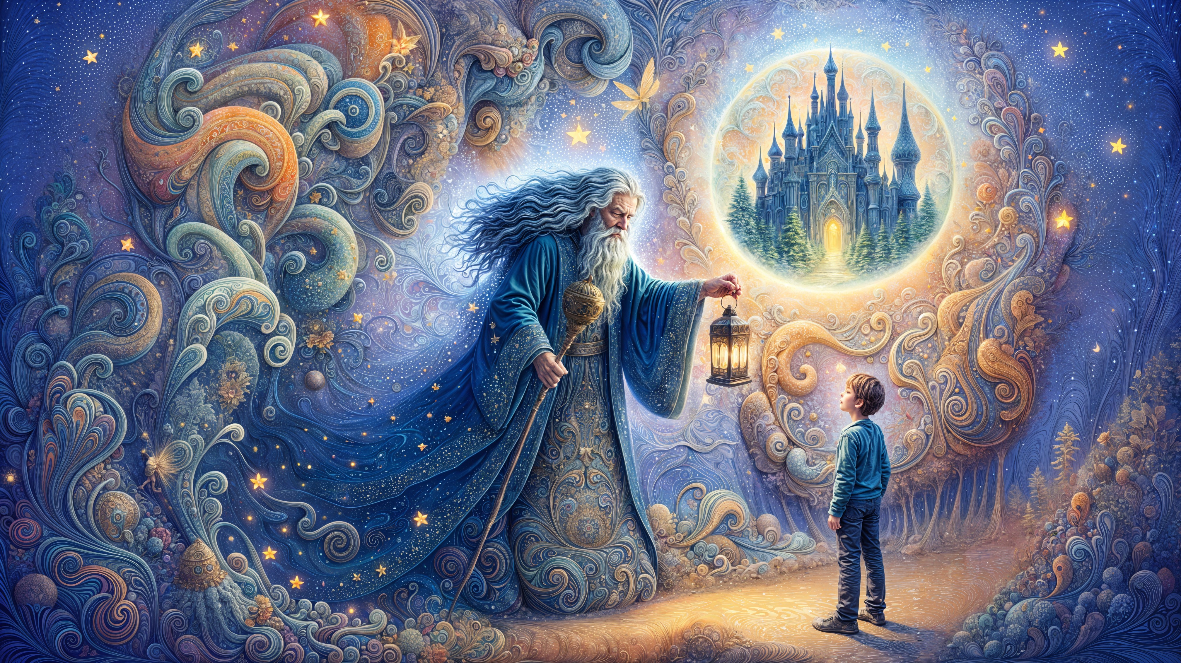 Whimsical Wizard and Boy in Dreamlike Landscape