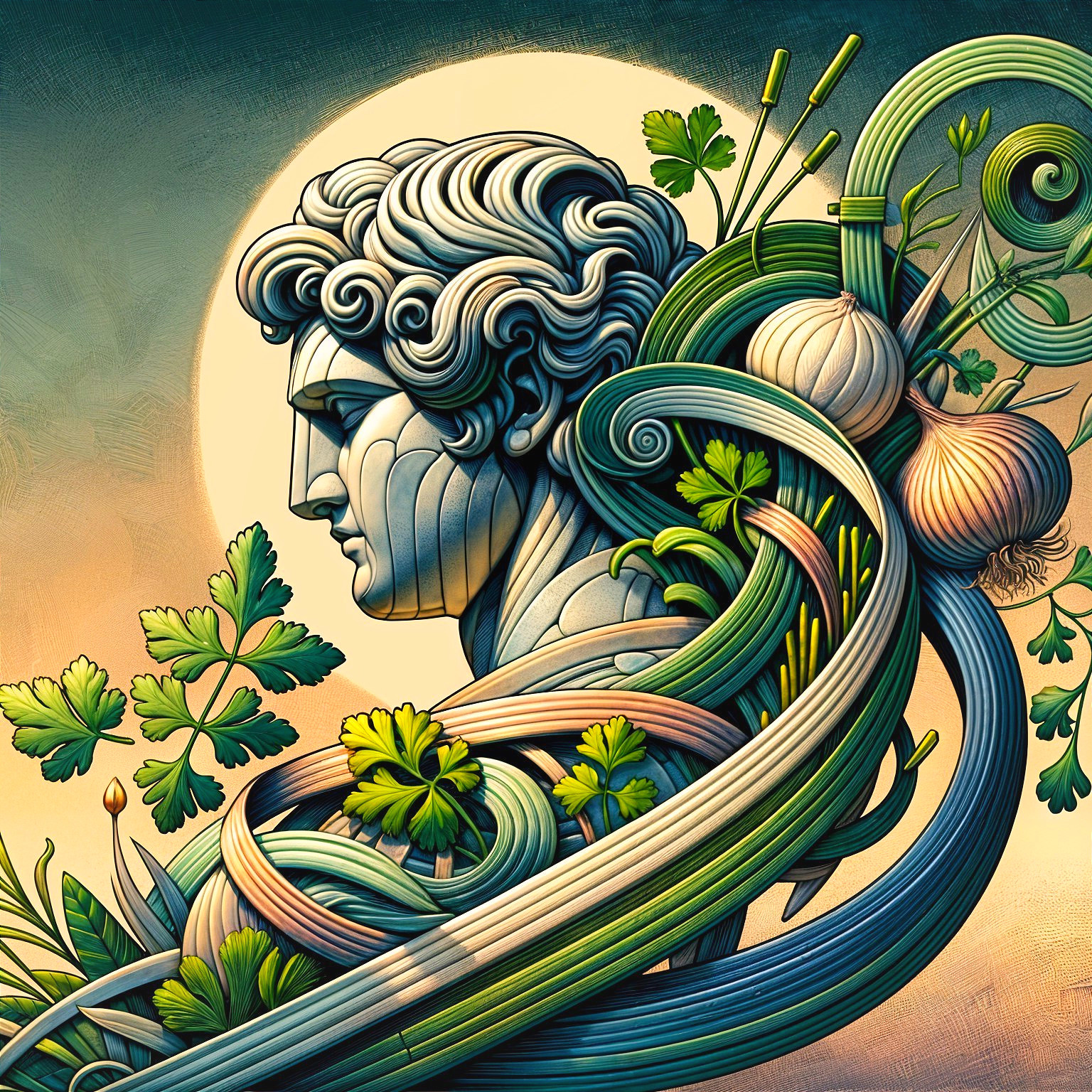Stylized Profile Blended with Green Leaves and Herbs