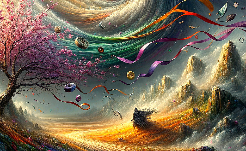 Surreal Landscape with Vibrant Sky and Cherry Blossoms