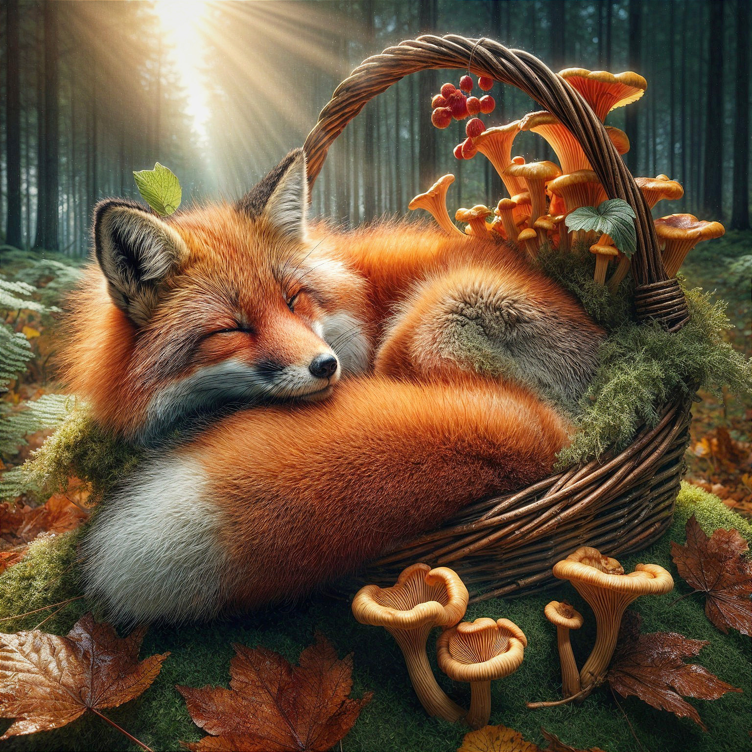 Fluffy Orange Fox in a Basket Among Autumn Foliage