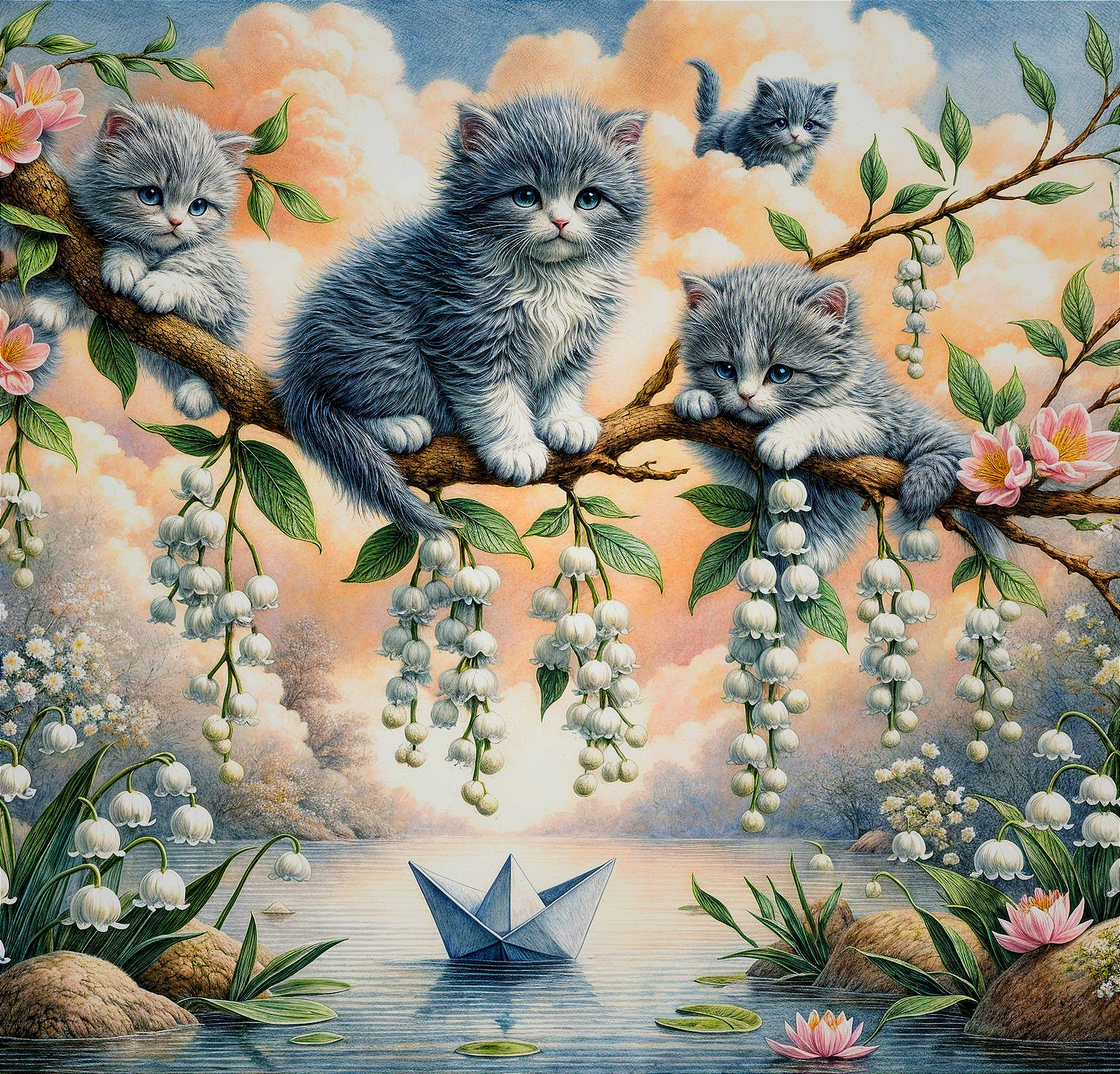 Fluffy Gray Kittens on Flower-Decorated Branch