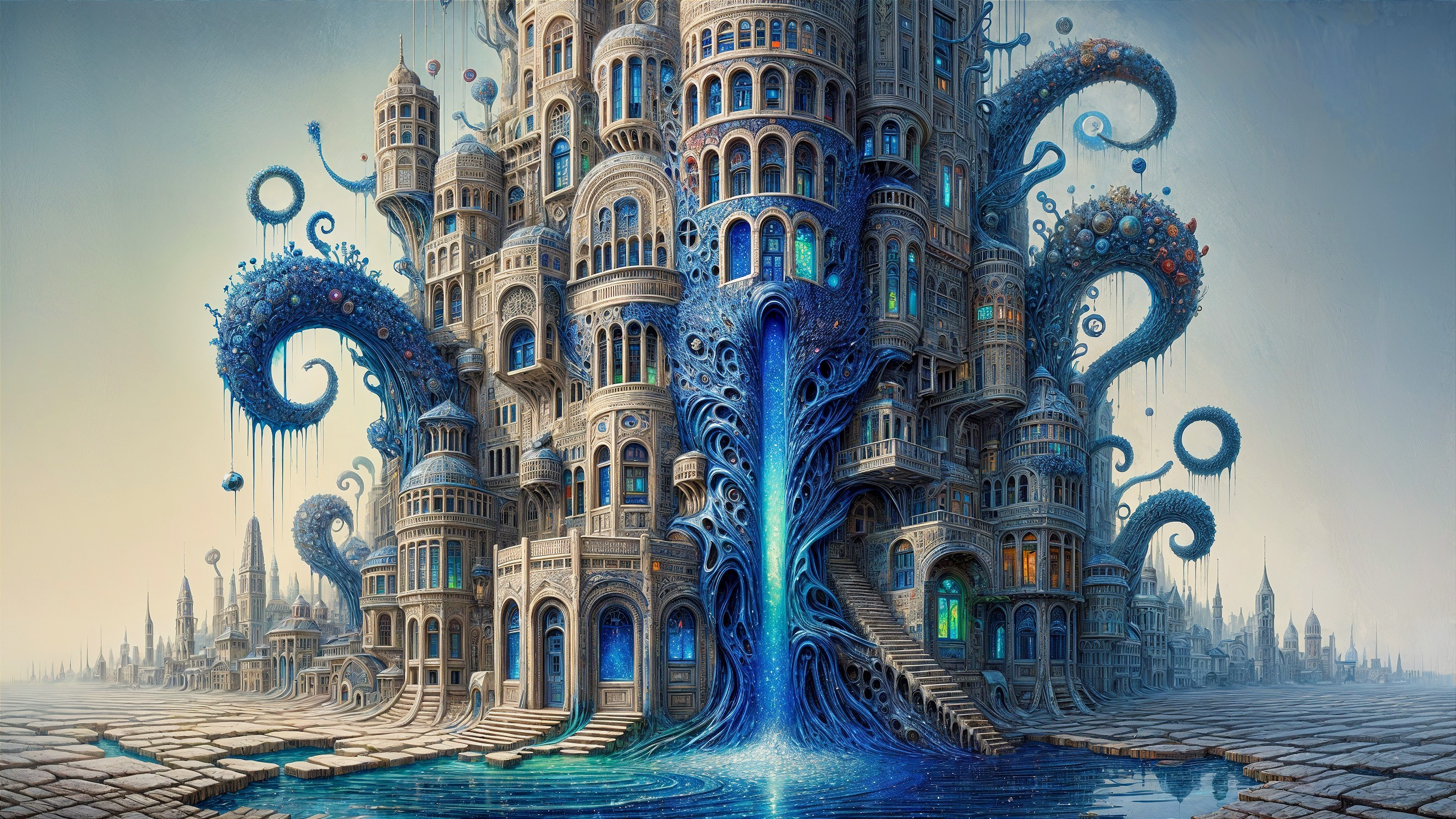 Surreal cityscape with flowing architecture and waterfall