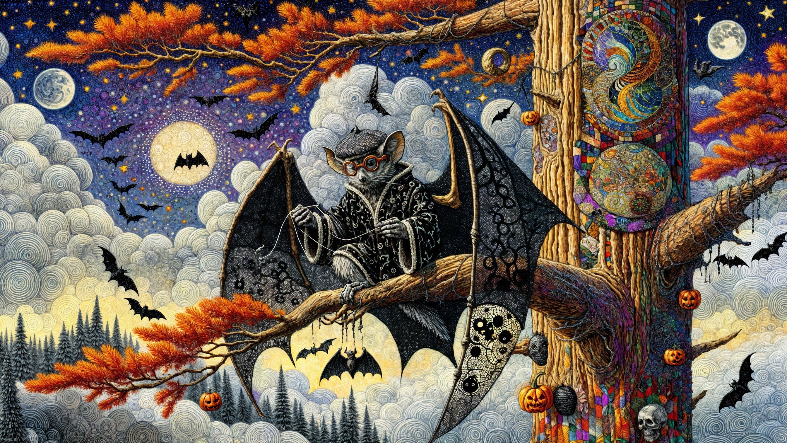 Whimsical Bat in Robe Surrounded by Halloween Elements