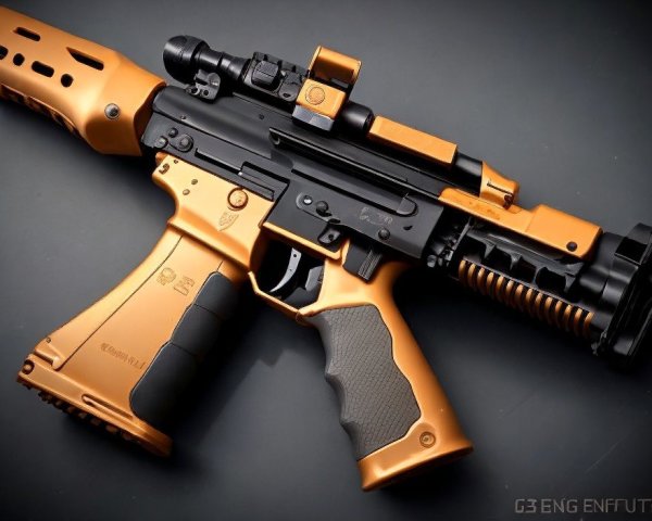 Black and Orange Rifle with Scope and Custom Markings