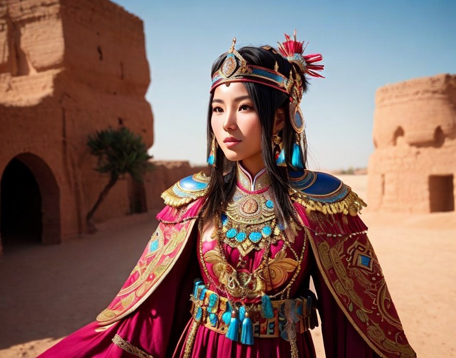 Traditional Attire Woman Standing by Ancient Earthen Structure
