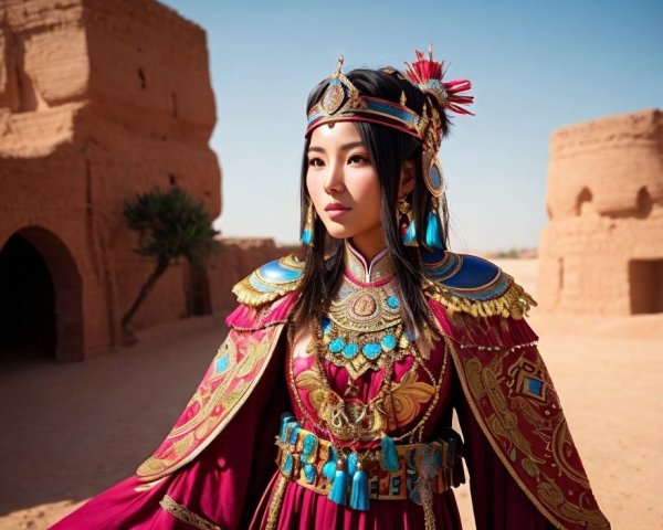 Traditional Attire Woman Standing by Ancient Earthen Structure