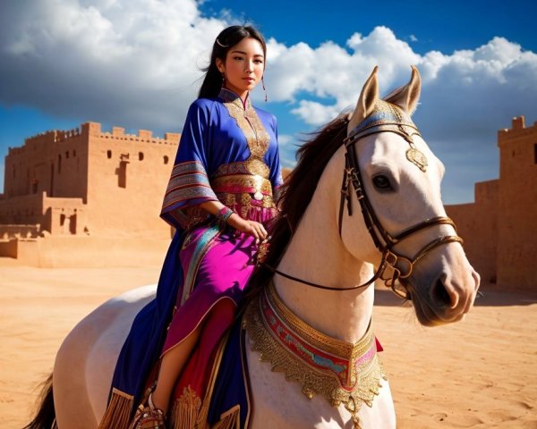 Traditional Blue Attire Woman Riding Horse at Sandstone Castle