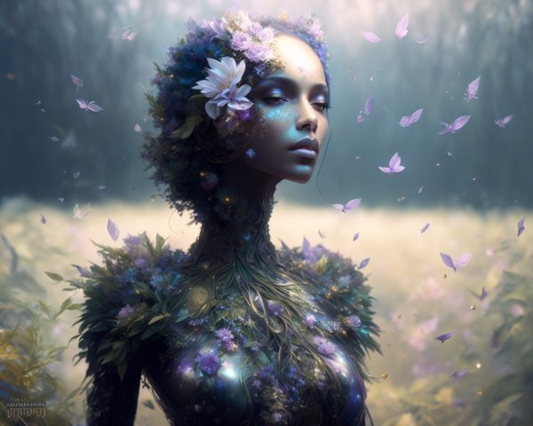 Fantastical portrait of a woman with floral and foliage adornments in serene, butterfly-filled misty