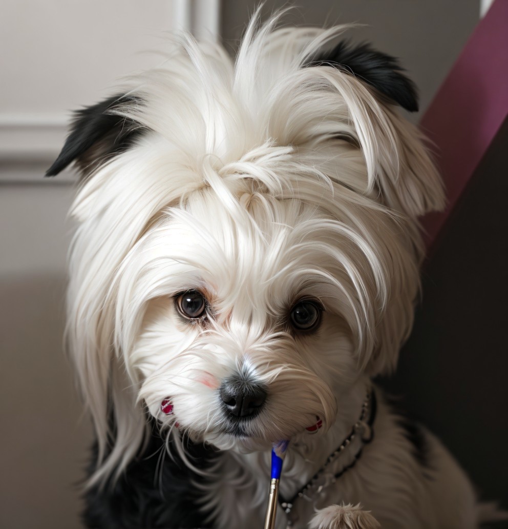 Fluffy black and white dog with pencil and necklace staring at camera