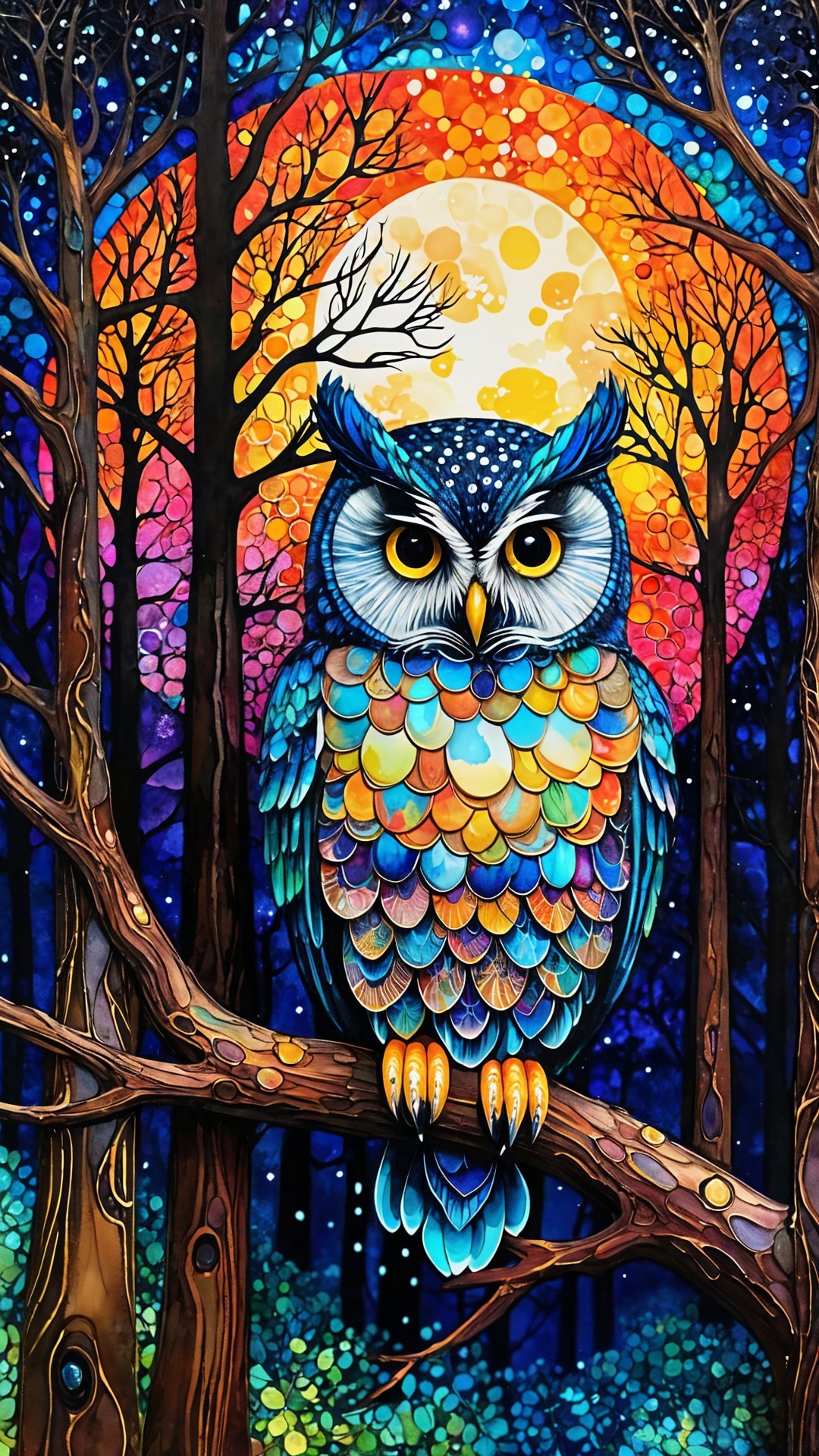 Vivid Owl on Branch Against Sunset Background