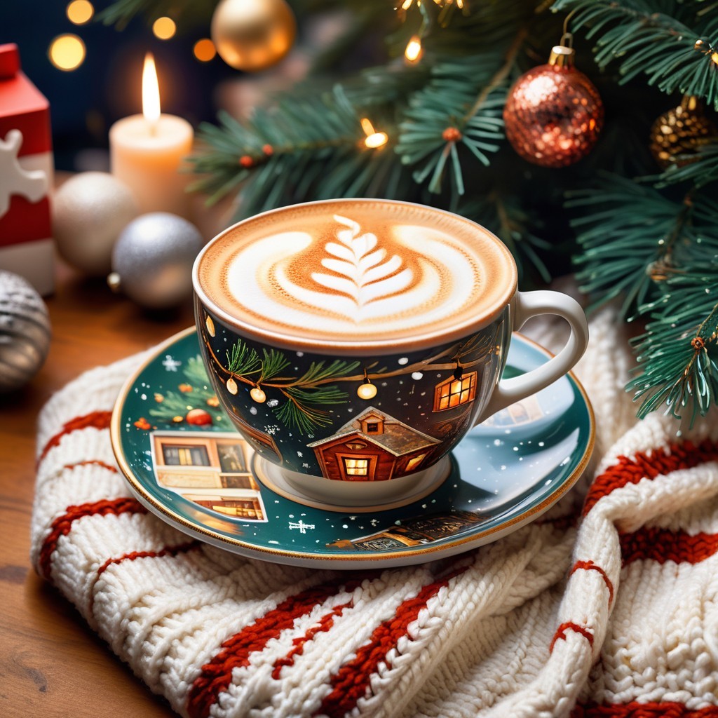 Christmas Latte Art with Festive Decorations and Candle