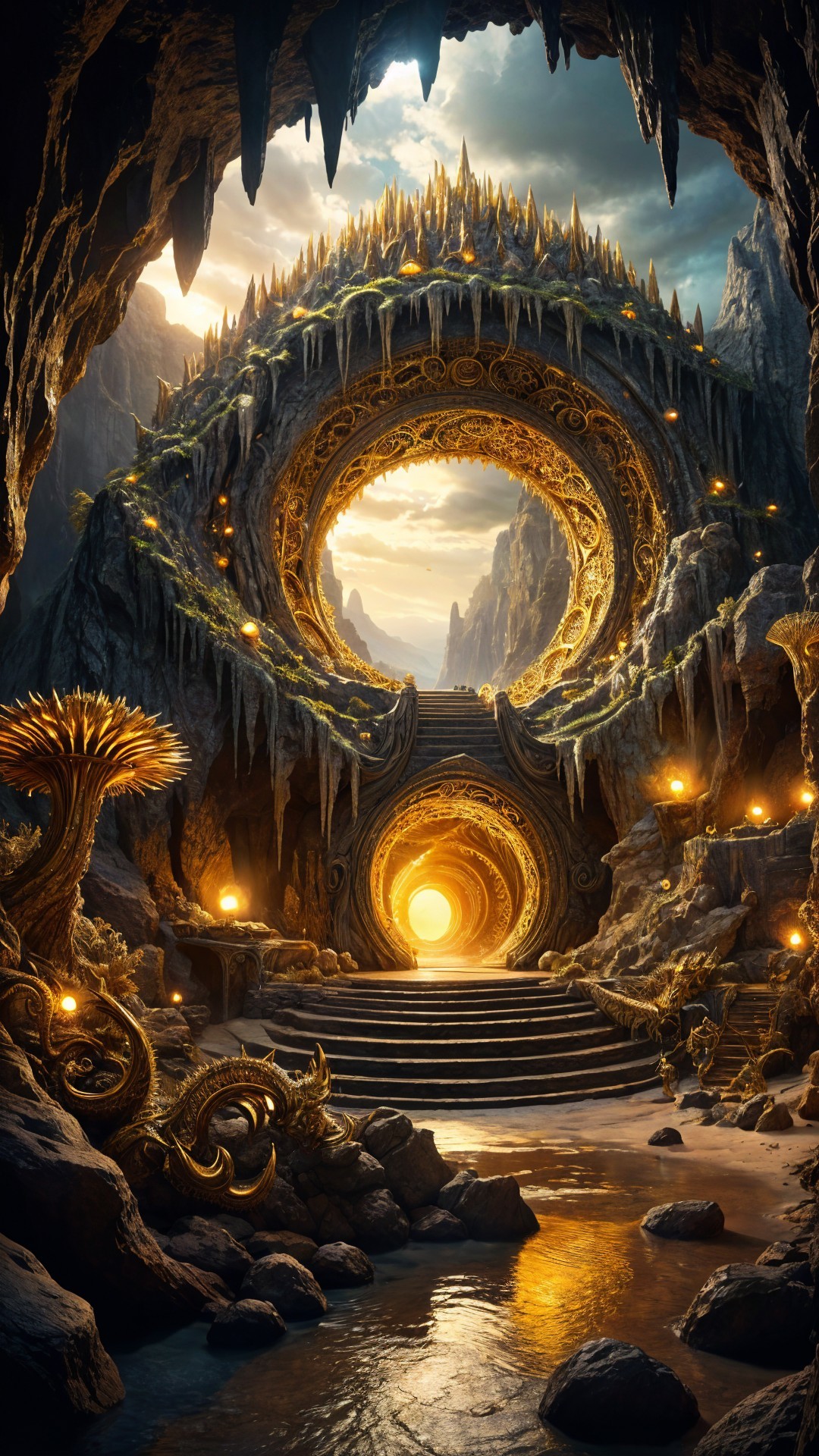 Mystical Cave Entrance with Circular Portals and Light