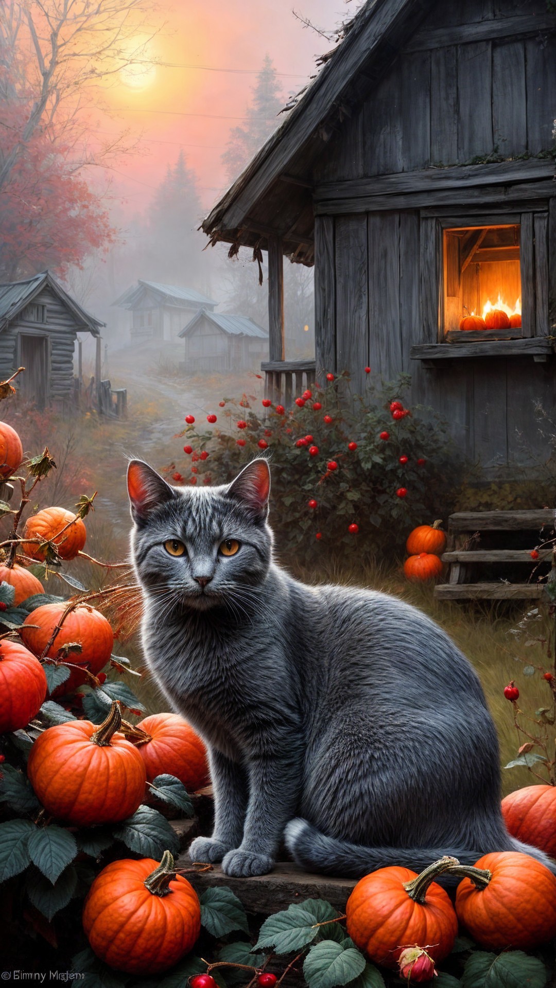 Autumn Scene with Cat, Pumpkins, and Cabins