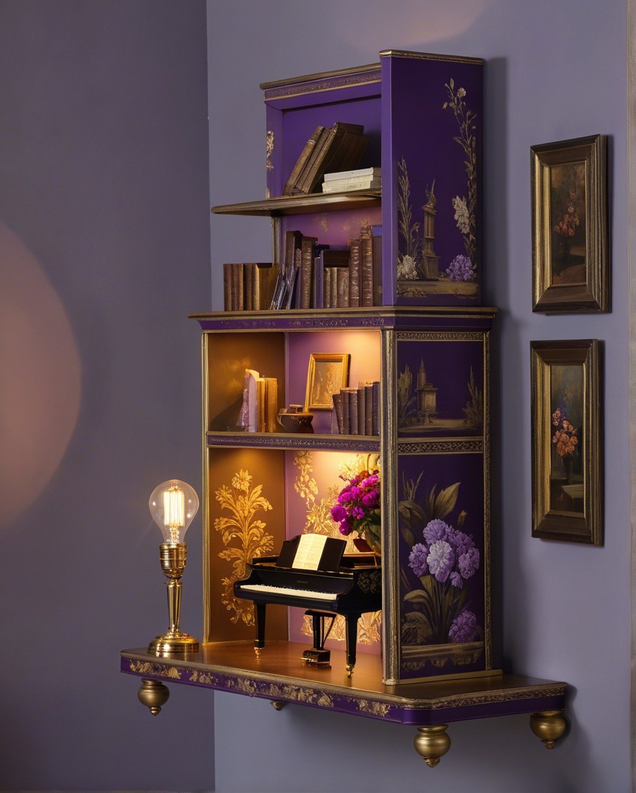 Elegant Purple Wall Shelf Unit with Floral Designs