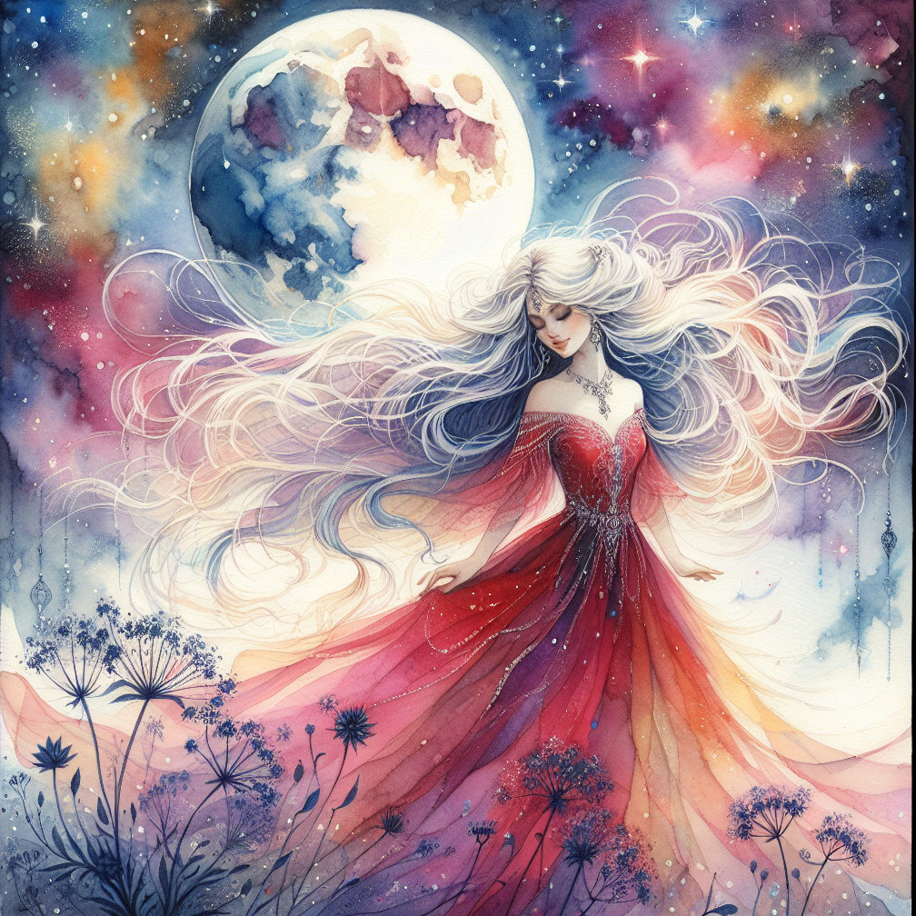 Mystical Figure in Red Gown Under Ethereal Moonlight