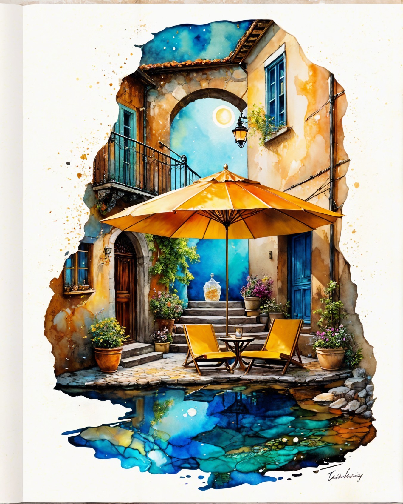 Charming Courtyard with Yellow Umbrella and Pool