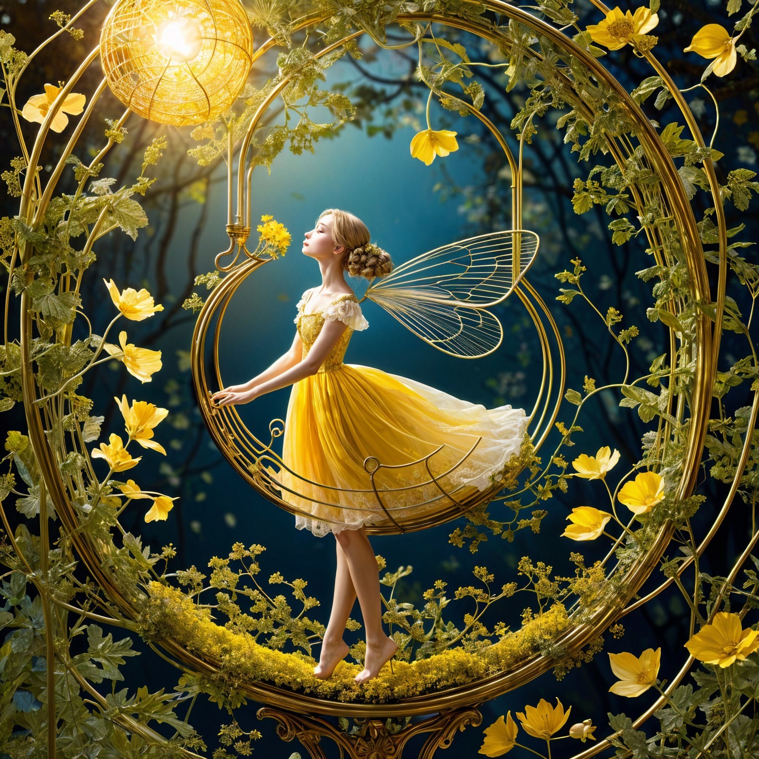 Whimsical Fairy Scene with Flowers and Golden Elements