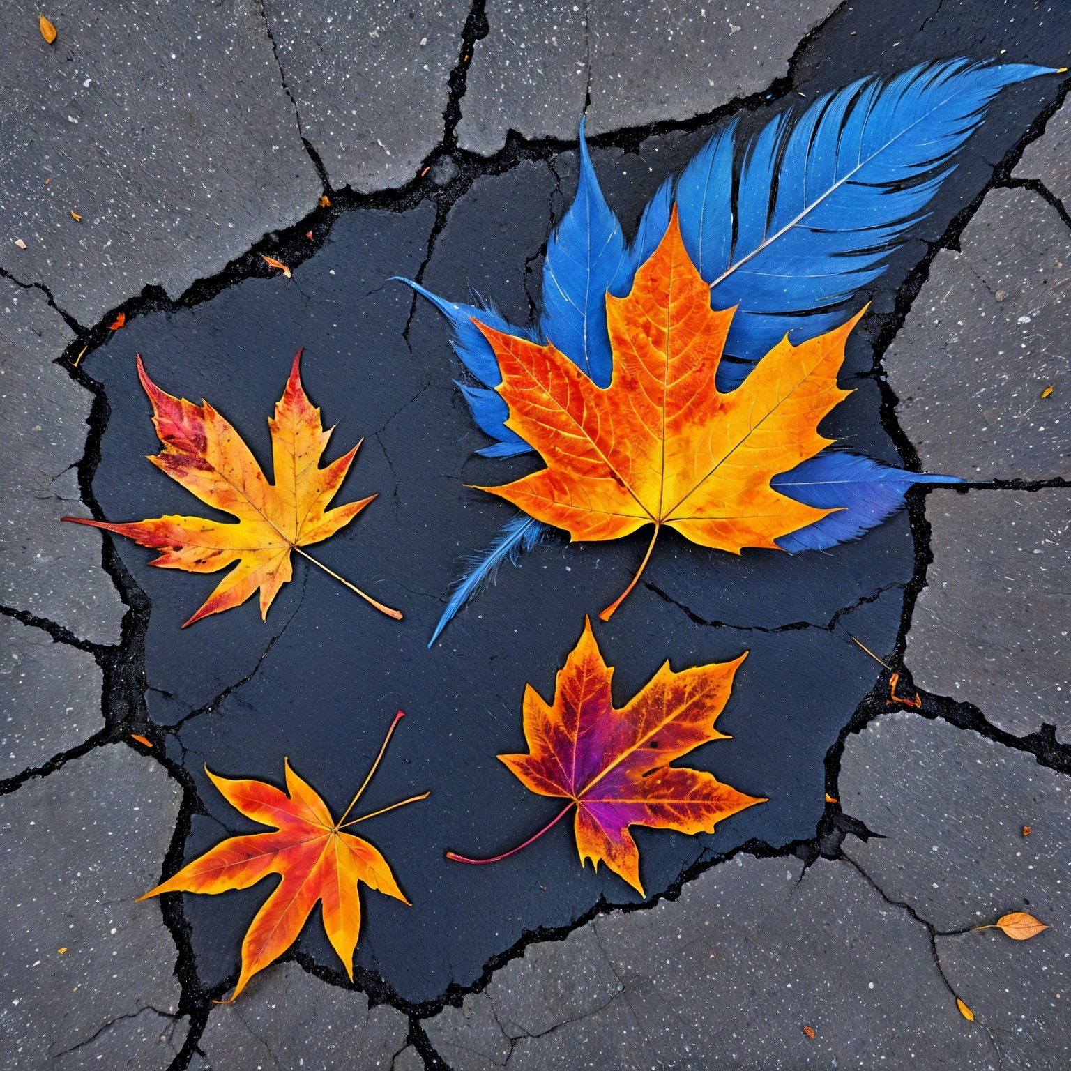 Autumn Leaves and Blue Feather on Black Pavement