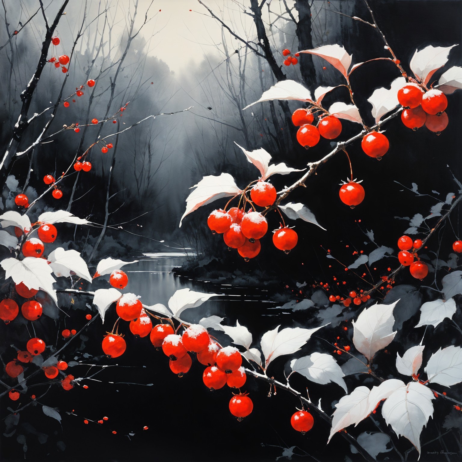 Vivid Red Berries on Dark Trees and Misty Background