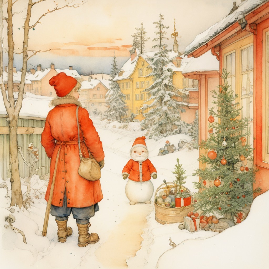 Snowy Winter Village Scene with Colorful Houses