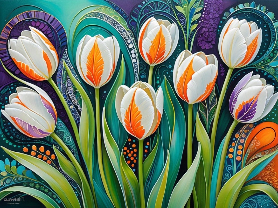 Colorful Artwork of Stylized White Tulips with Accents