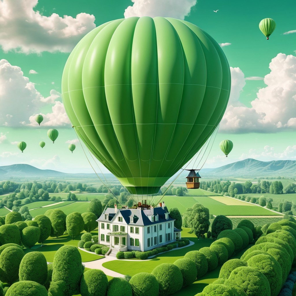 Hot Air Balloon Lifts House in Dreamlike Landscape