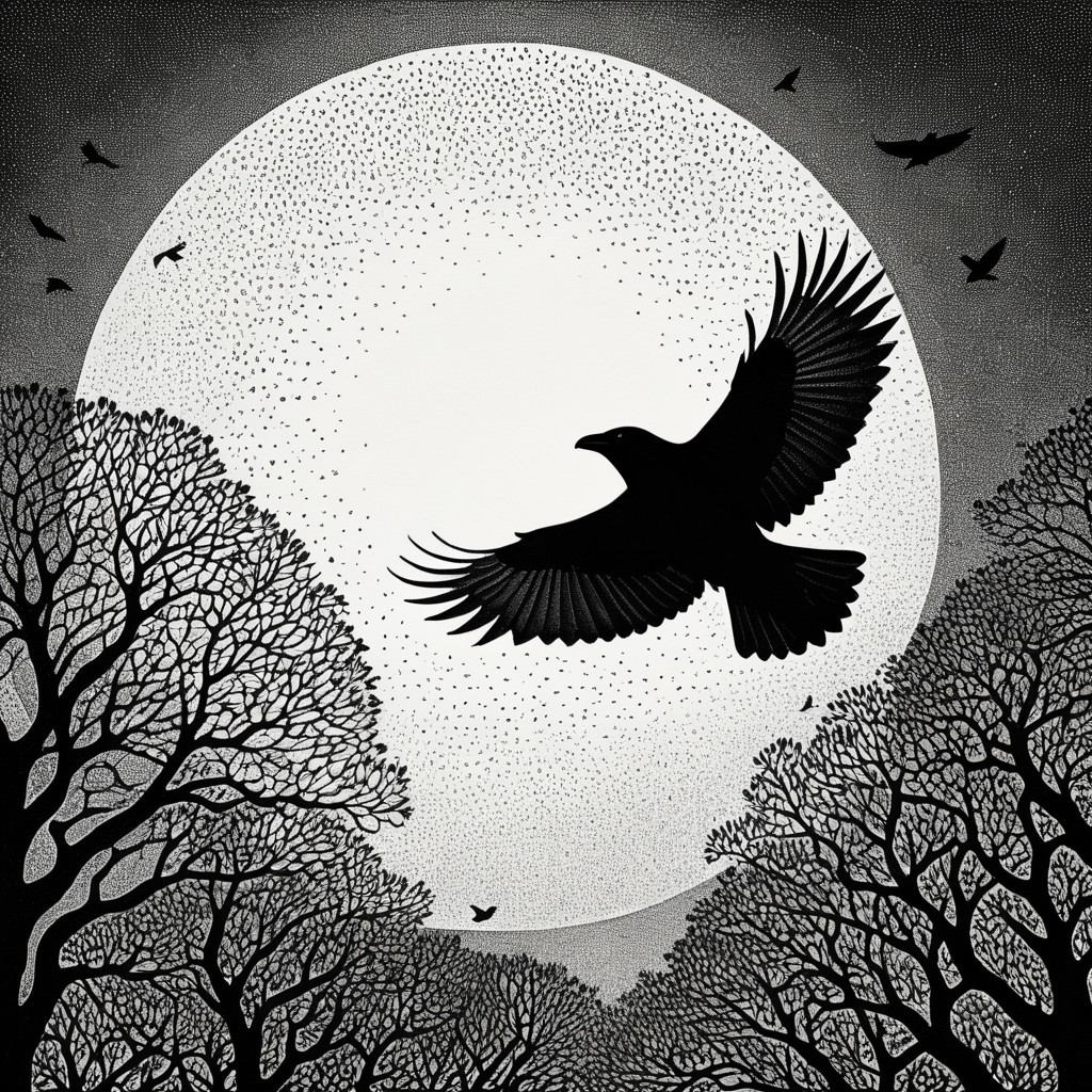 Black Bird Silhouette Against Luminous Moon and Trees