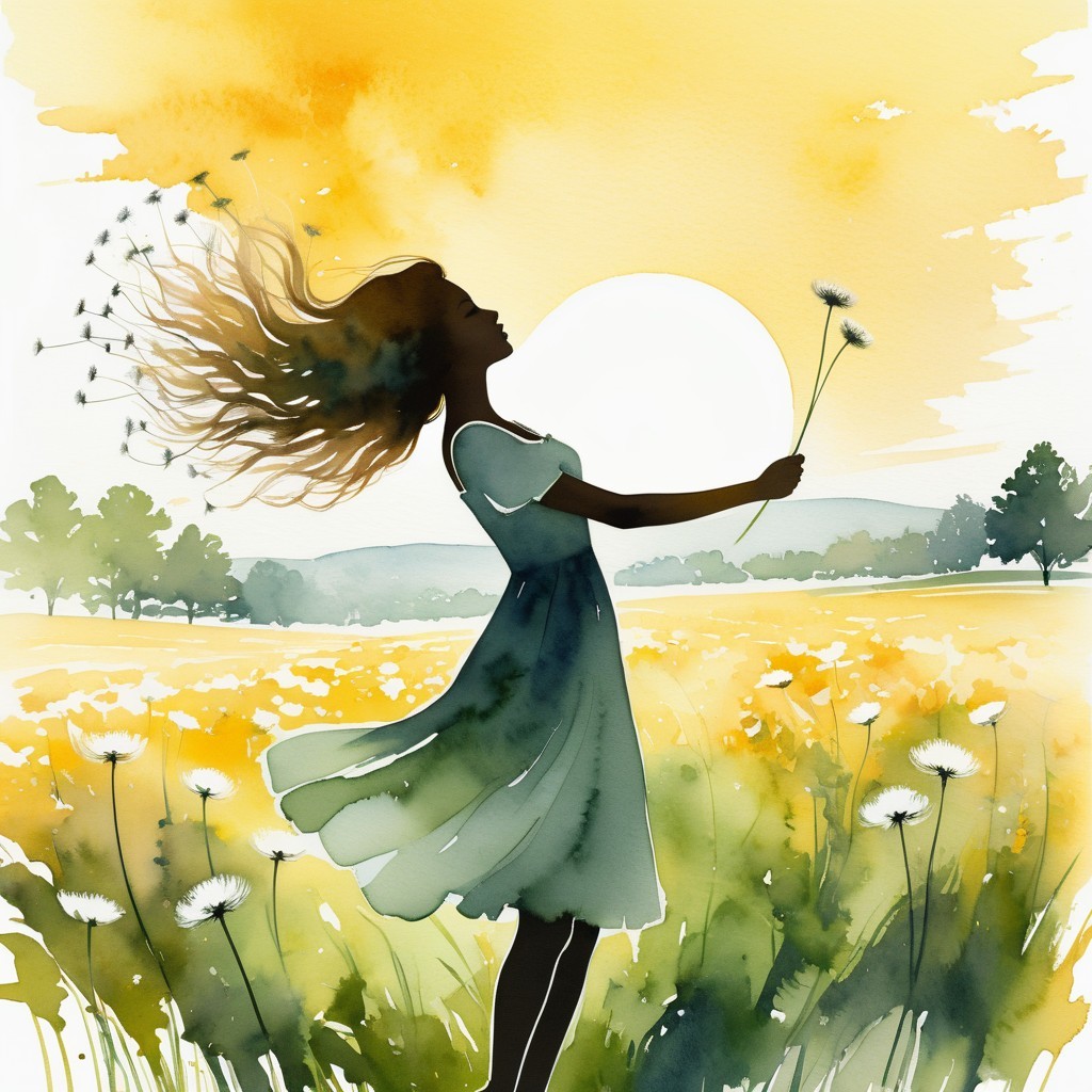 Silhouette of a Woman in a Sunlit Field with Dandelion