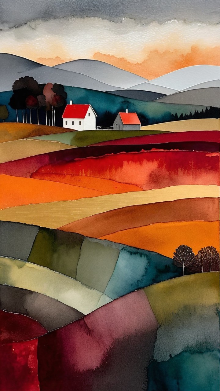 Vibrant Landscape Painting of Rolling Hills and Houses