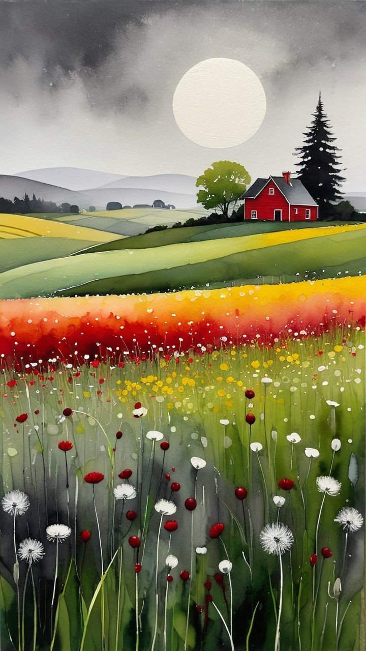 Vibrant Landscape with Red House and Rolling Hills