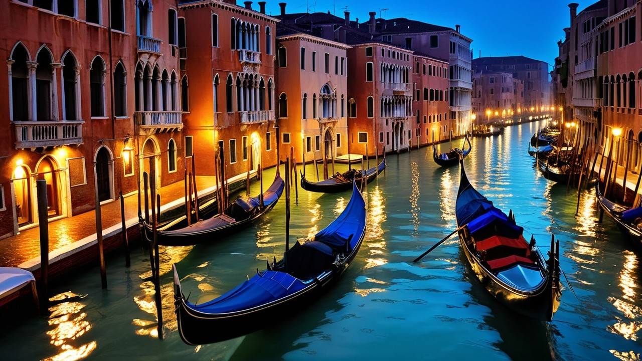 Nighttime Canal Scene in Venice with Golden Reflections