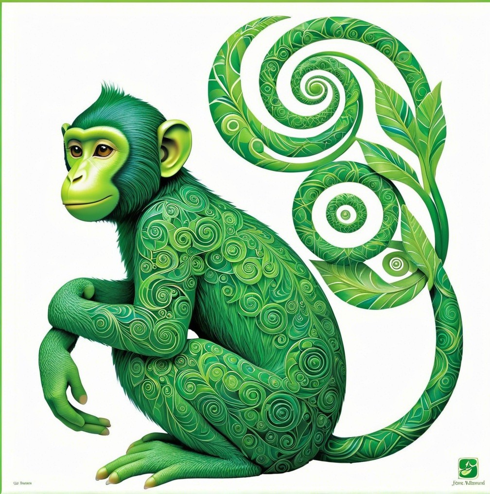 Whimsical Green Monkey with Intricate Leafy Design