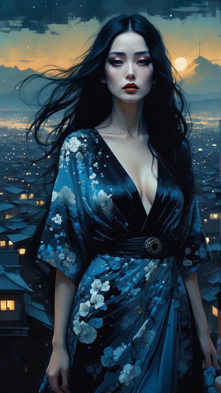 Twilight Cityscape with Woman in Blue Kimono