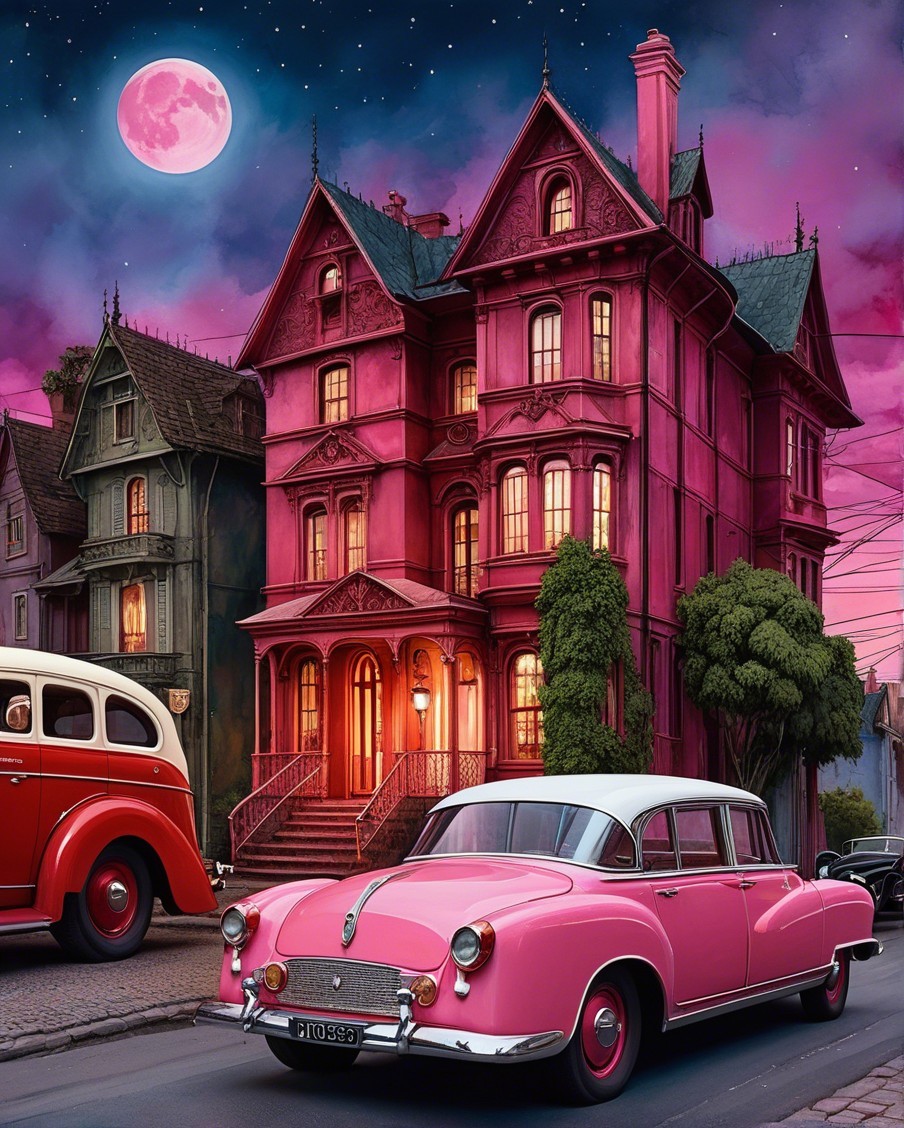 Whimsical Victorian Mansion Under Pink Moonlight