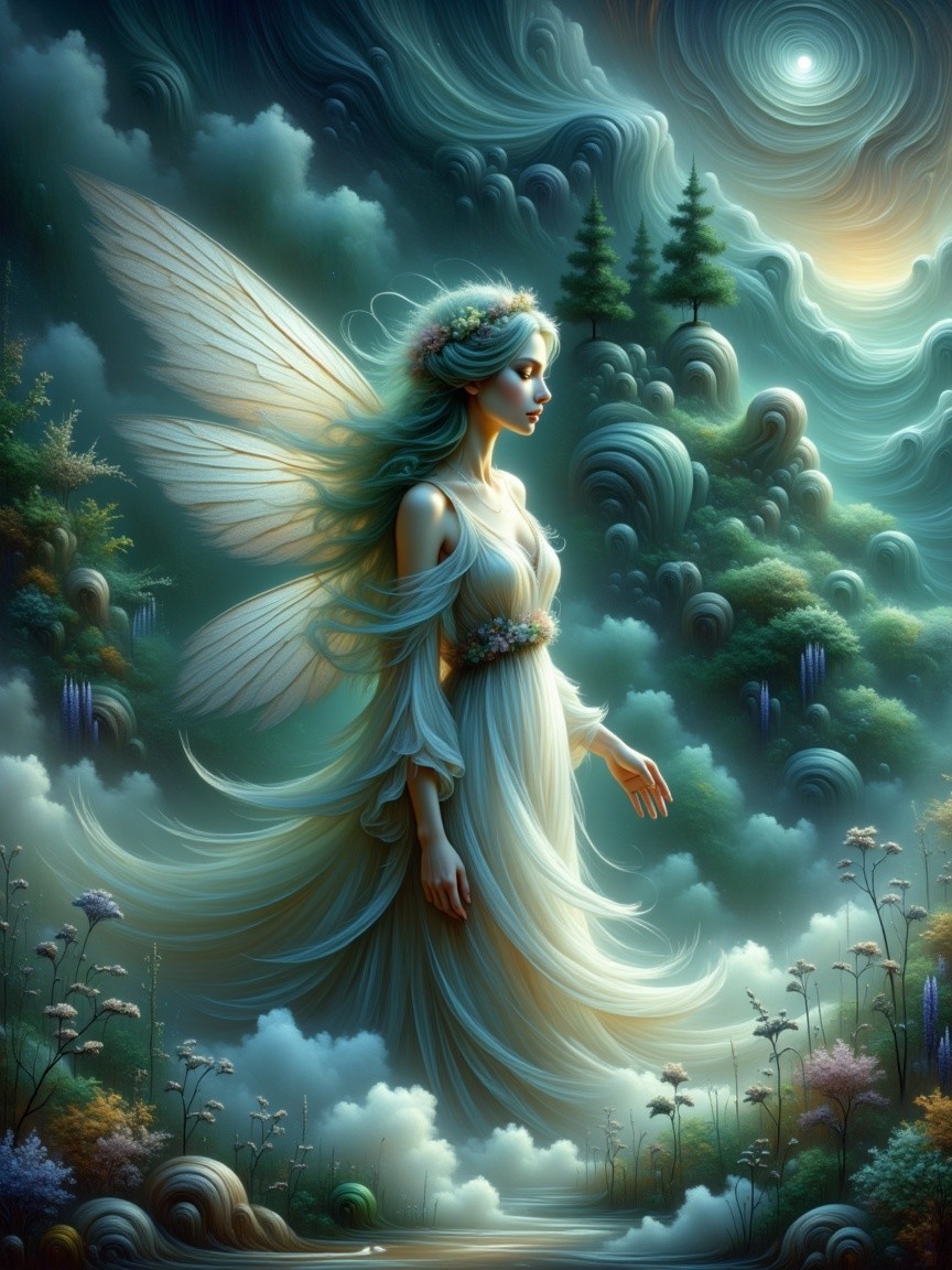 Fairy in a mystical landscape with ethereal wings