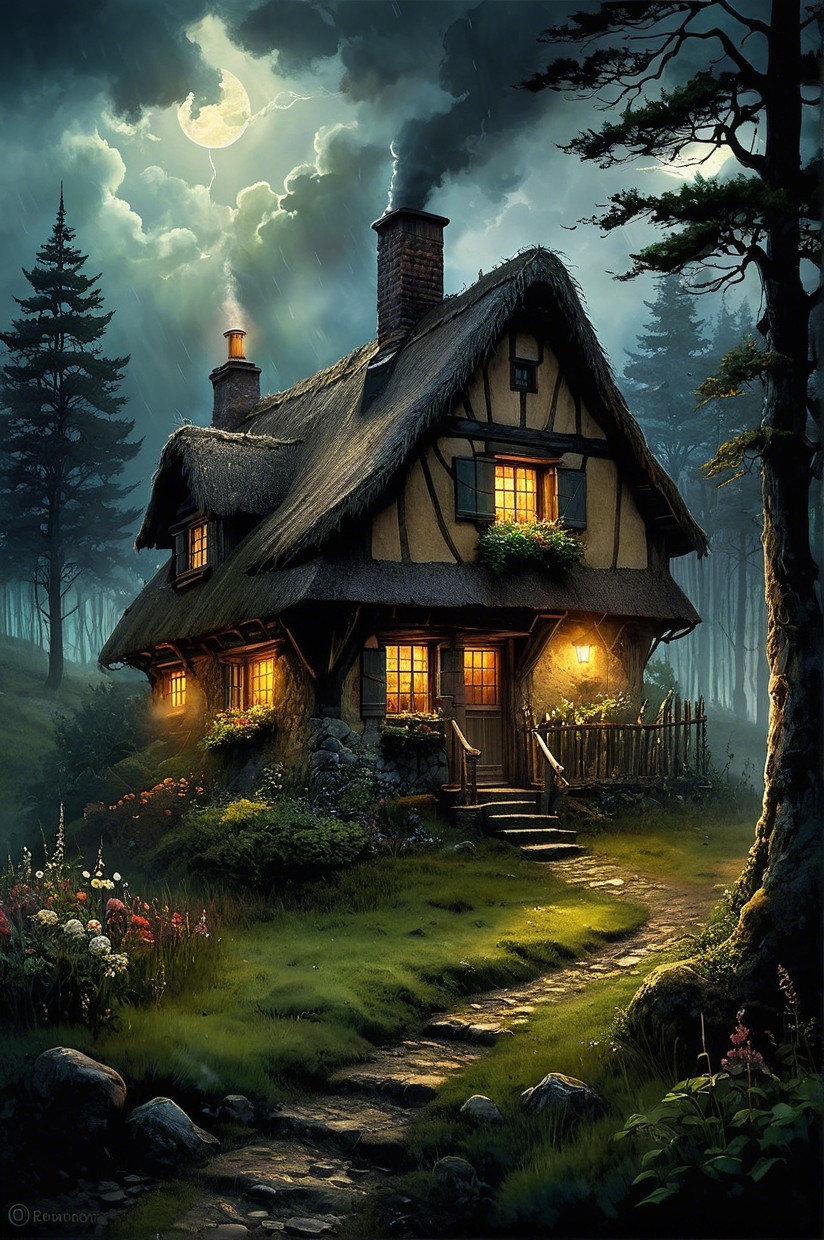 Charming Cottage in a Mystical Forest at Night