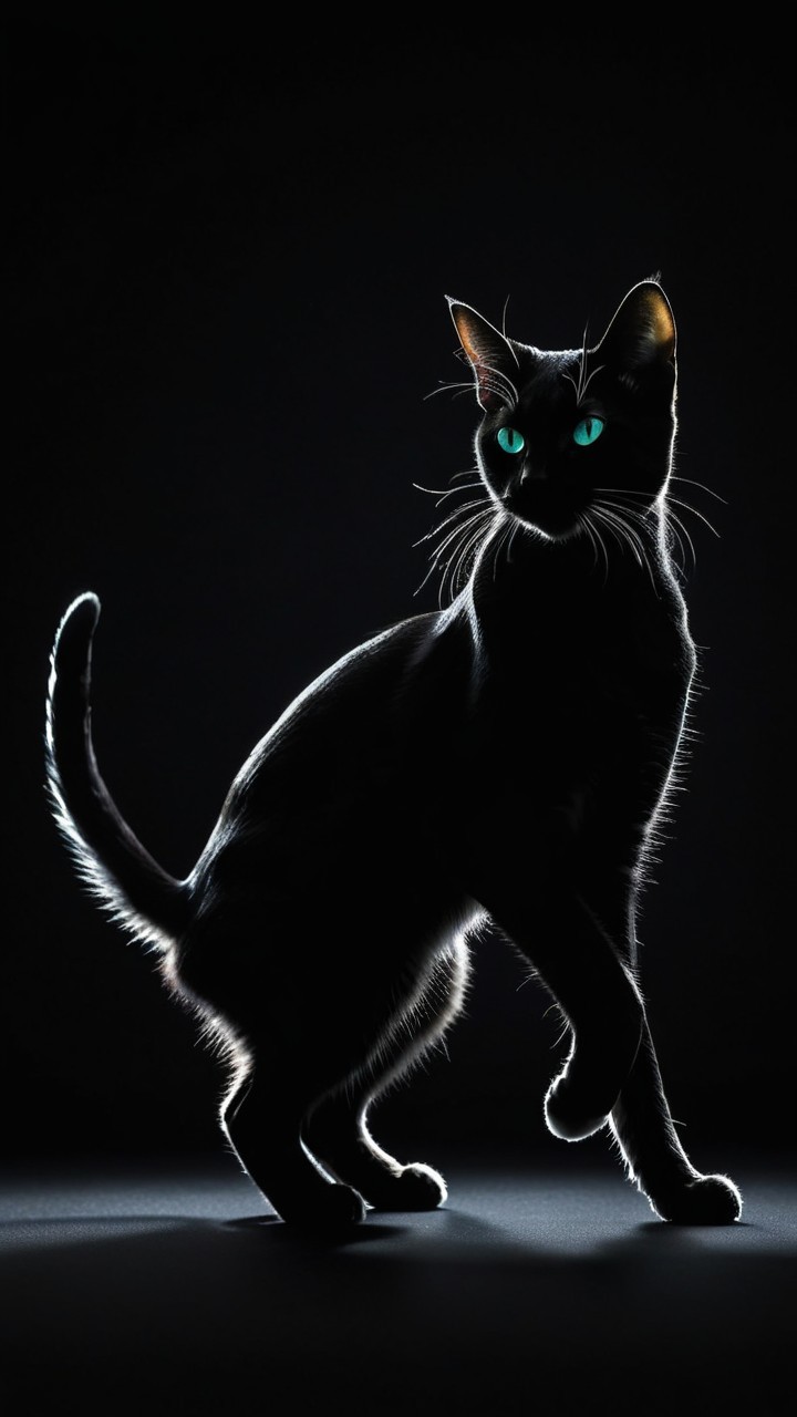 Silhouette of a black cat with turquoise eyes