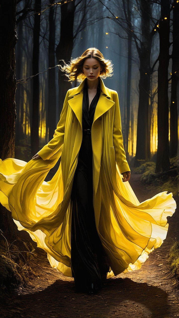 Woman in Yellow Coat Walking in Misty Forest