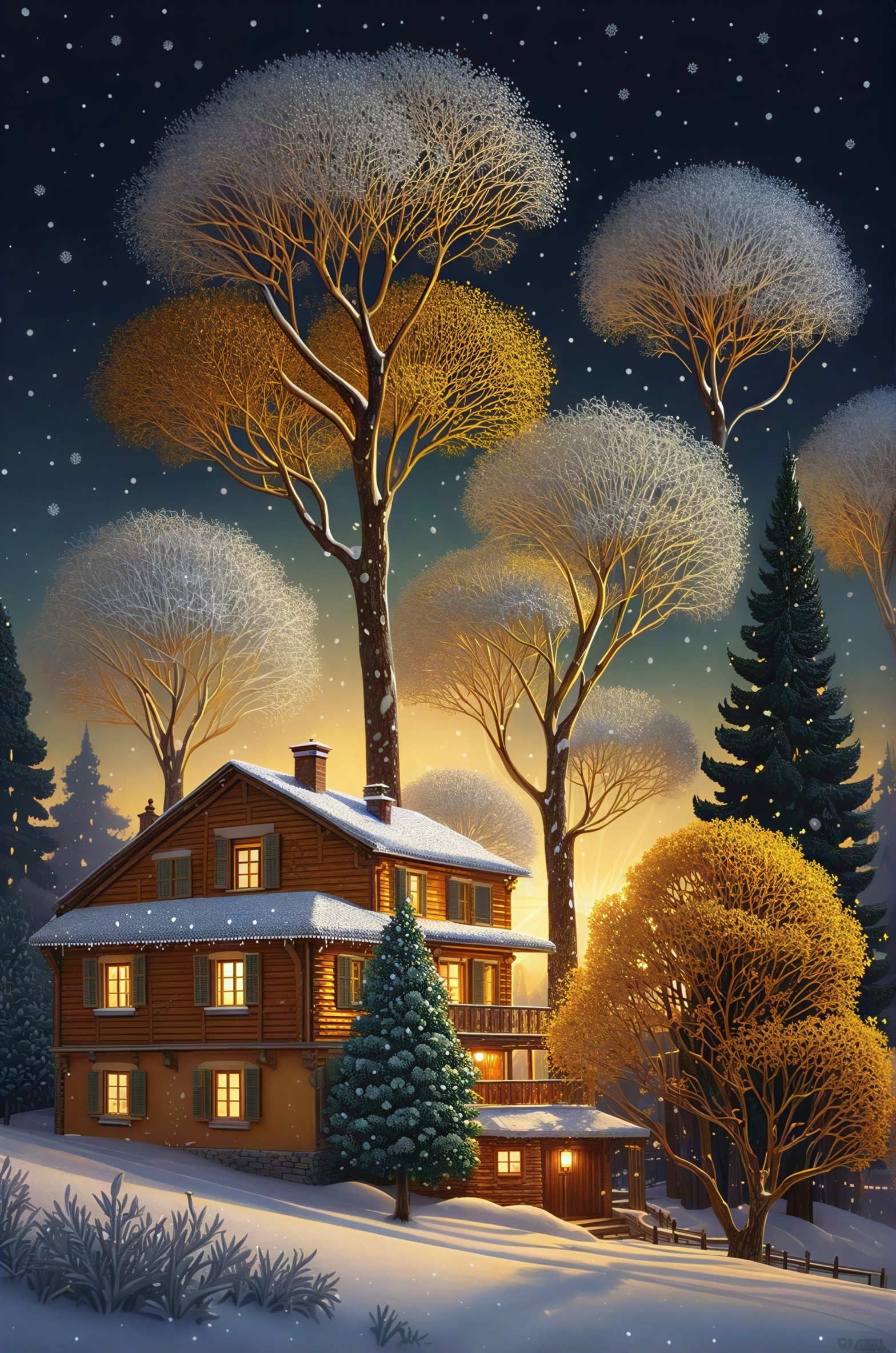 Snowy Evening Scene with Cabin and Evergreen Trees