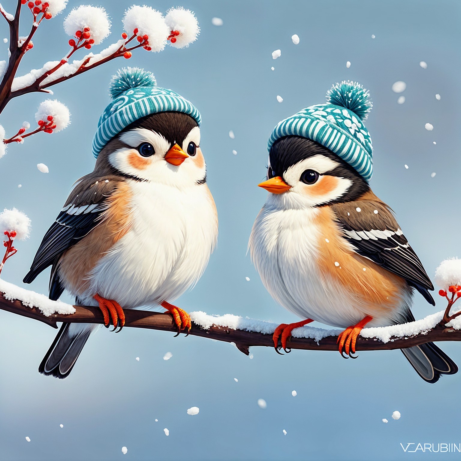 Birds in Winter Hats on Snowy Branch with Berries