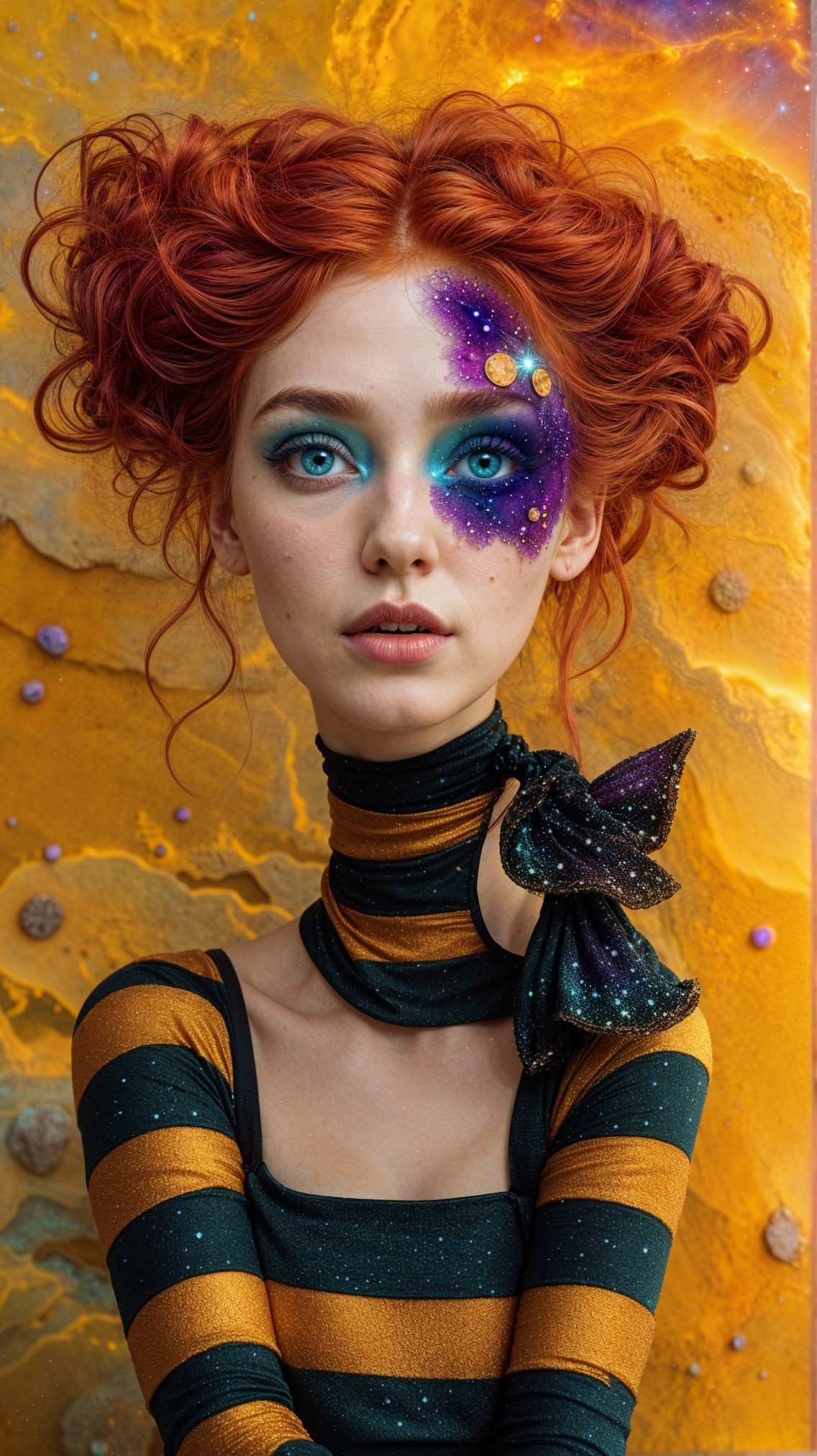 Young Woman with Red Hair and Galaxy Makeup