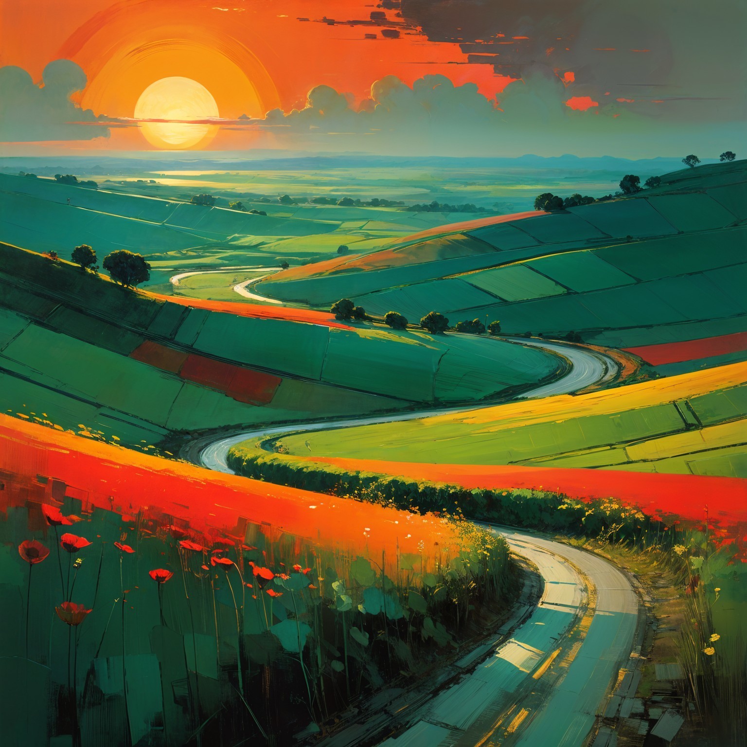 Vibrant Sunset Landscape with Rolling Green Hills