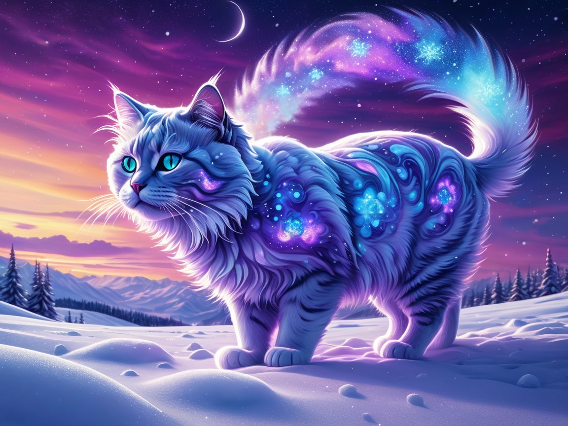 Majestic Cat in Snowy Landscape with Cosmic Patterns