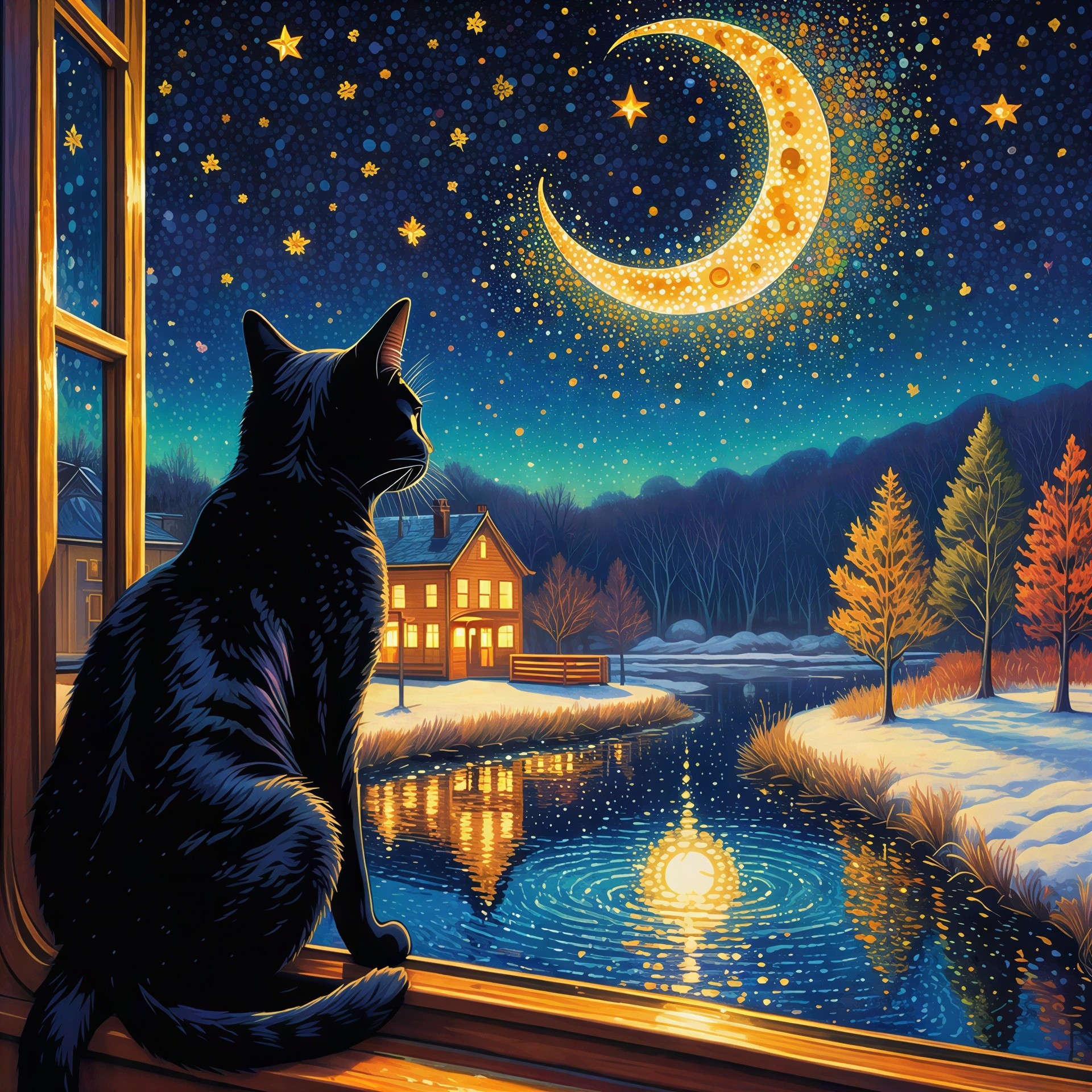 Black Cat on Window Sill Overlooking Starry Night Sky
