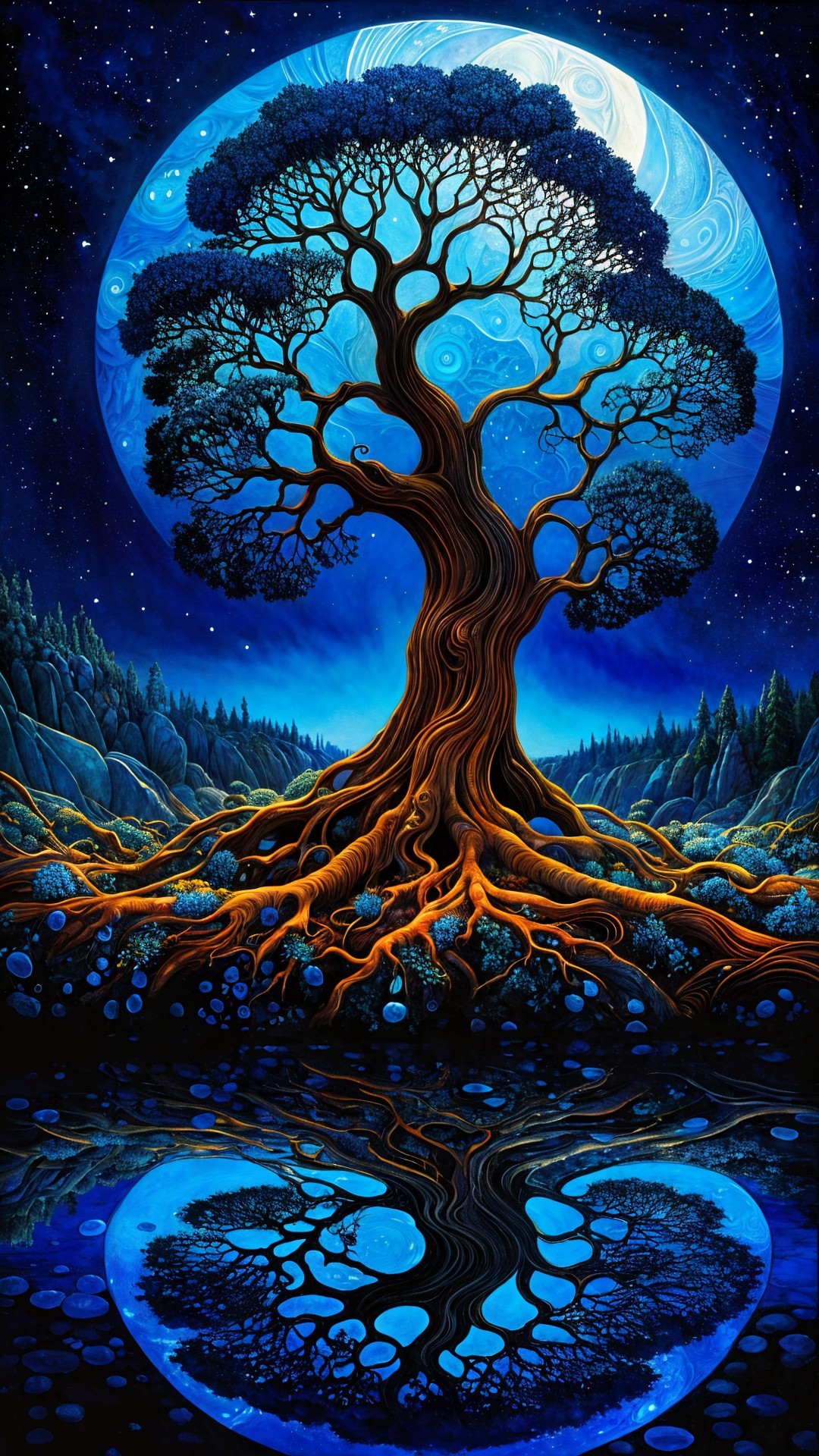 Majestic Tree Against Cosmic Backdrop and Water Reflection