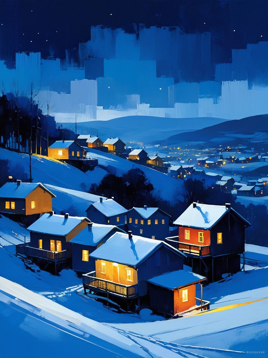 Serene Winter Night in a Snow-Covered Village